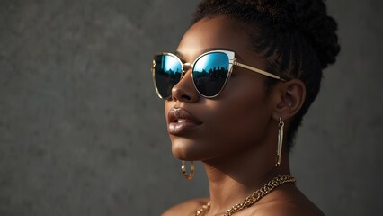 Naklejka premium Black woman model wearing trendy clothes and makeup, model in trendy dress, photoshoot
