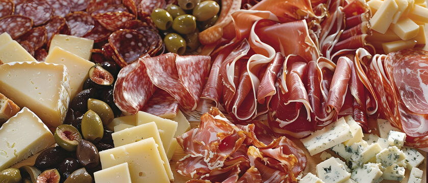 A bird's-eye view of a charcuterie board overflowing with cured meats, artisan cheeses, olives, and fig jam. Thinly sliced prosciutto drapes artfully over wedges of parmesan and brie. A crusty