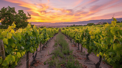 Fototapeta premium Colorful Sunset Over Expansive Lands., Harvest time, a stage in the wine-making process, les vendanges, grape harvesting, a seasonal job.