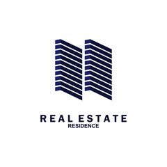 Real estate logo design. Perspective view of modern building. Residence logo template. Construction logo. Twin skyscraper logo ideas.