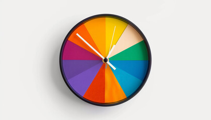Modern wall clock with a colorful pie-chart style design. Represents the concept of time and vibrant scheduling.