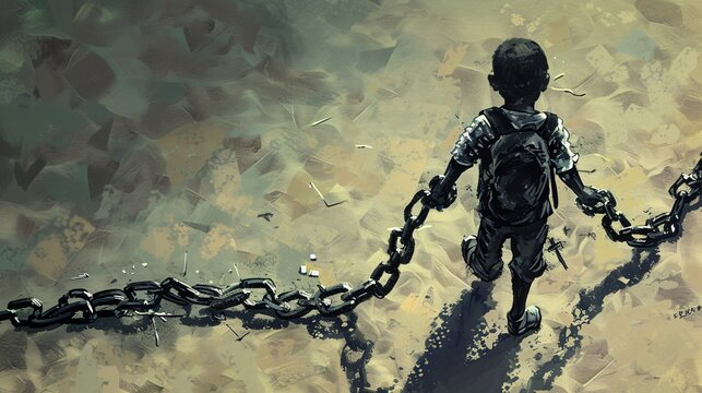A detailed illustration of a child breaking free from chains representing child labor, stepping towards a school