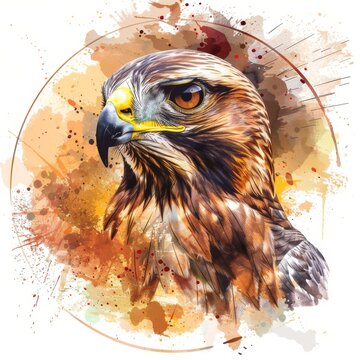 recommend clip art: A red-tailed hawk with a watercolor style graphic portrait on a white background. Digital modern graphics.