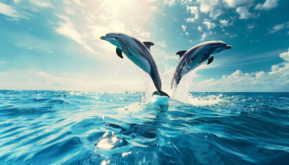 Two dolphins leaping out of the ocean, set against a beautiful blue sky with fluffy clouds and sunlight streaming through.