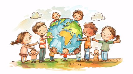 An illustration of children holding a globe, symbolizing global unity and equality against child labor