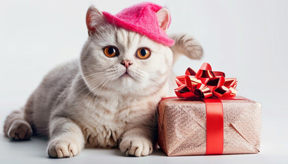  A fluffy cat wearing a pink hat sitting next to a gift wrapped in red ribbon, looking at the camera with a cute, slightly serious expression.