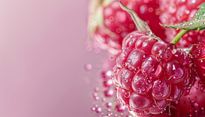 Close-up of a fresh raspberry covered in water droplets, set against a soft pink background, emphasizing the texture and juiciness of the fruit.