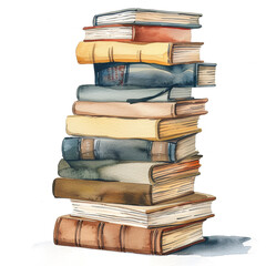 Illustration using watercolor medium of several hard cover books stacks with each other. Isolated on white background.