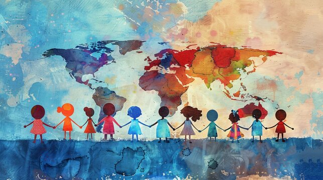 An illustration of children standing on a world map, symbolizing global equality and unity