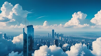 realistic aerial view photography of a illusiory city skyline with numerous high-rise buildings against a backdrop of a vivid blue sky with a formation of cumulus heavenly clouds Generative AI