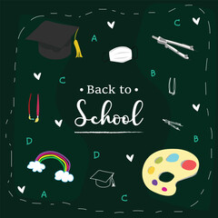 Back to school with elements for educational learning objects on green board. Vector illustration.