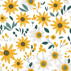 Seamless Floral Pattern with Yellow and White Flowers, Green Leaves on White Background - Perfect for Fabric, Wallpaper, and Digital Design Projects