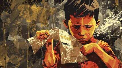 A detailed illustration of a child tearing a "work permit," symbolizing the end of child labor
