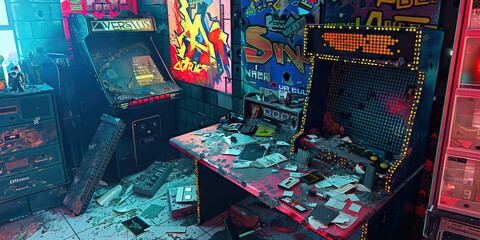 Obraz premium The Glitched-Out World of Cyberpunk Aesthetics: A pixelated desk, surrounded by retro-futuristic posters and a broken-down arcade machine