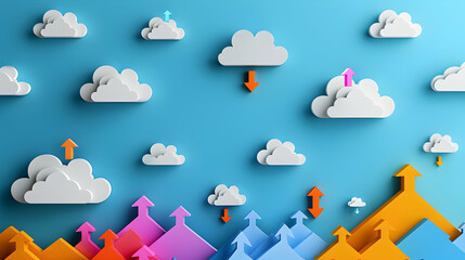 Vector illustration showcasing cloud computing scalability and flexibility with arrows and cloud icons, emphasizing adaptable nature of cloud solutions   Photo Stock Concept
