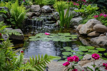 Serene Garden with Waterfall and Pond Featuring Lilies, Ferns, and Blooming Flowers - Ideal for Tranquil Retreats