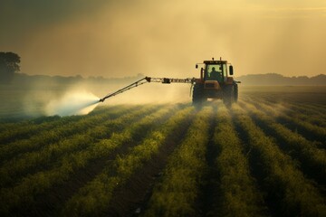 Fototapeta premium Vital Tractor field spraying work. Chemical land. Generate Ai