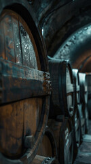 Naklejka premium Dimly Lit Wine Cellar Ambiance, Harvest time, a stage in the wine-making process, les vendanges, grape harvesting, a seasonal job.