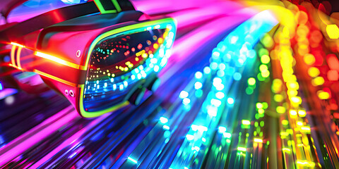 The Electric Rainbow of E-Learning: A brightly colored online course platform, with a VR headset and a holographic teacher.