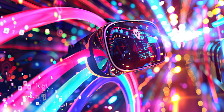 The Electric Rainbow of E-Learning: A brightly colored online course platform, with a VR headset and a holographic teacher.