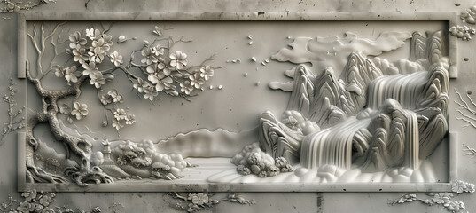 Serene Japanese Landscape with Volumetric Stucco Molding and Platinum Accents on Concrete Wall featuring Waterfall, Sakura, and Mountains, Wall art