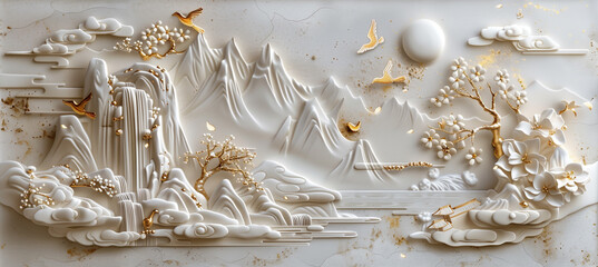 Elegant Volumetric Stucco Molding with Platinum Accents in Japanese Landscape Featuring Waterfall, Mountains, and Sakura Blooms, wall art