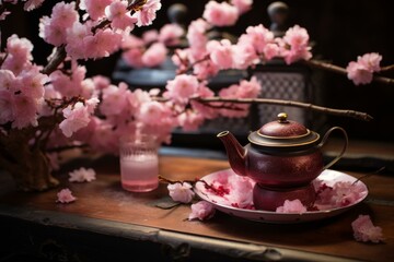 Elegant Sakura tea ceremony. Spring herbal. Generate Ai