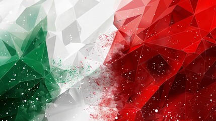 Abstract geometric Italian flag design with a blend of green, white, and red colors, featuring polygonal shapes and splatters for a dynamic effect.