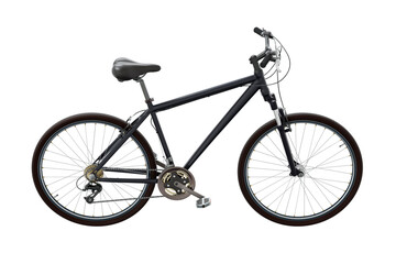 Obraz premium Black bicycle, side view. Black leather saddle and handles. Png clipart isolated on transparent background