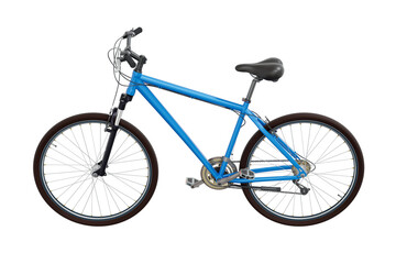 Blue bicycle, side view. Black leather saddle and handles. Png clipart isolated on transparent background