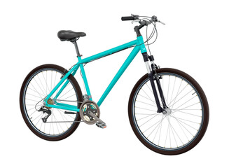 Blue teal bicycle, side front view. Black leather saddle and handles. Png clipart isolated on transparent background