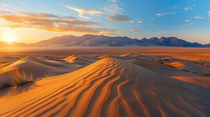 A breathtaking desert landscape at sunrise, featuring rolling sand dunes and majestic mountains in the distance.
