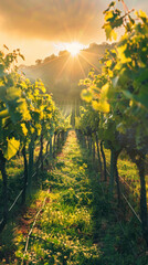 Naklejka premium Golden Hour Vineyard Sunlight Ethereal, Harvest time, a stage in the wine-making process, les vendanges, grape harvesting, a seasonal job.