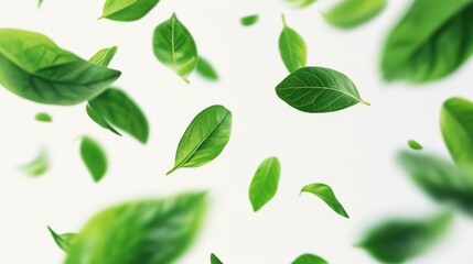 Fresh green leaves floating gracefully against a clean white background