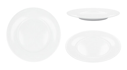 White round empty plates set, top and side view. Png clipart isolated on transparent background