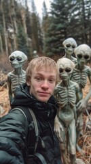 Fototapeta premium man standing front alien statues makeup albino cute ussr uncropped camping energy