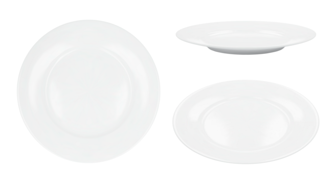 White round empty plates set, top and side view. Png clipart isolated on transparent background