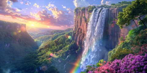 Rainbow and waterfall scene in a peaceful surroundings