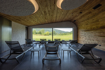 Interior of a luxury hotel spa center with a view