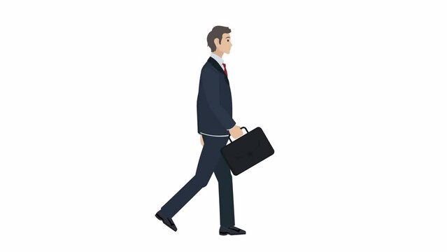Looped animation of a cartoon businessman in a suit, walking with a briefcase against a white background. Perfect for presentations, websites. Second part of the animation includes Alpha Channel. 4k