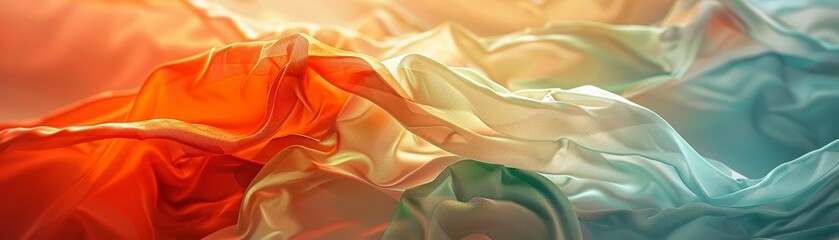 Obraz premium Colorful abstract background with vibrant, flowing fabric-like waves in red, white, and blue hues, creating a dynamic and textured visual effect.