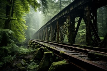 Tranquil and eerie misty forest railway bridge covered in lush. Old moss. Surrounded by enchanted green nature. Creating a moody. Abandoned woodland railroad - Powered by Adobe