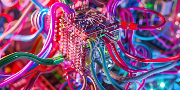 The Quantum Quiltwork: A tangle of color-coded cords and wires, surrounding a quantum computer.