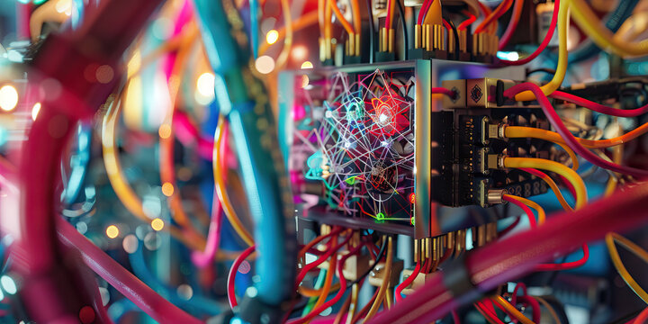 The Quantum Quiltwork: A tangle of color-coded cords and wires, surrounding a quantum computer.