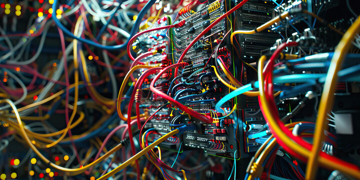 The Quantum Quiltwork: A tangle of color-coded cords and wires, surrounding a quantum computer.