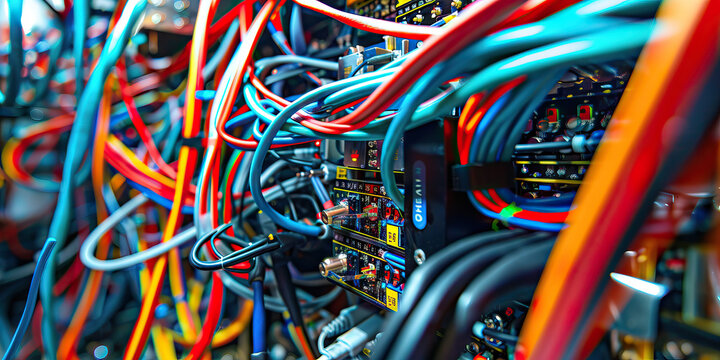 The Quantum Quiltwork: A tangle of color-coded cords and wires, surrounding a quantum computer.