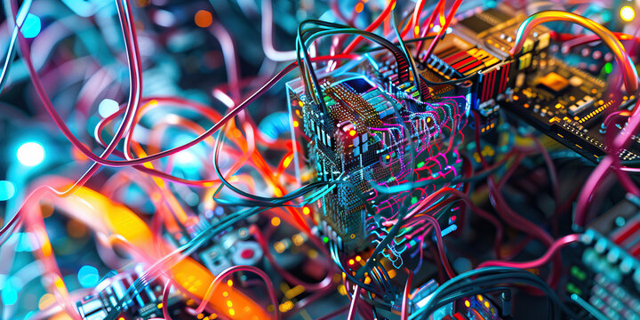 The Quantum Quiltwork: A tangle of color-coded cords and wires, surrounding a quantum computer.