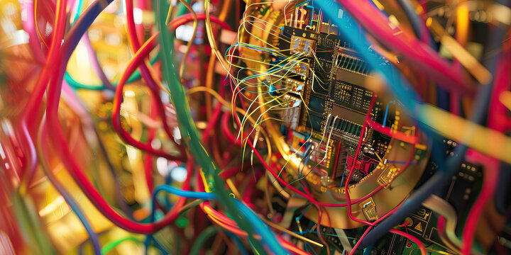 The Quantum Quiltwork: A tangle of color-coded cords and wires, surrounding a quantum computer.