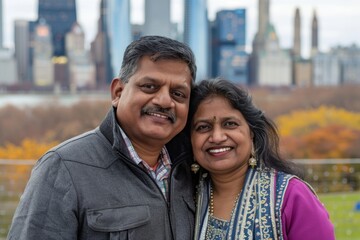 Fototapeta premium Portrait of a glad indian couple in their 40s wearing a trendy bomber jacket over vibrant city skyline