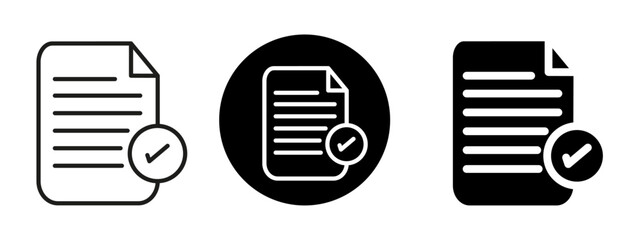 Black and white editable permit icon, permit document sheets icon, Three different types of paper with a check mark on them
